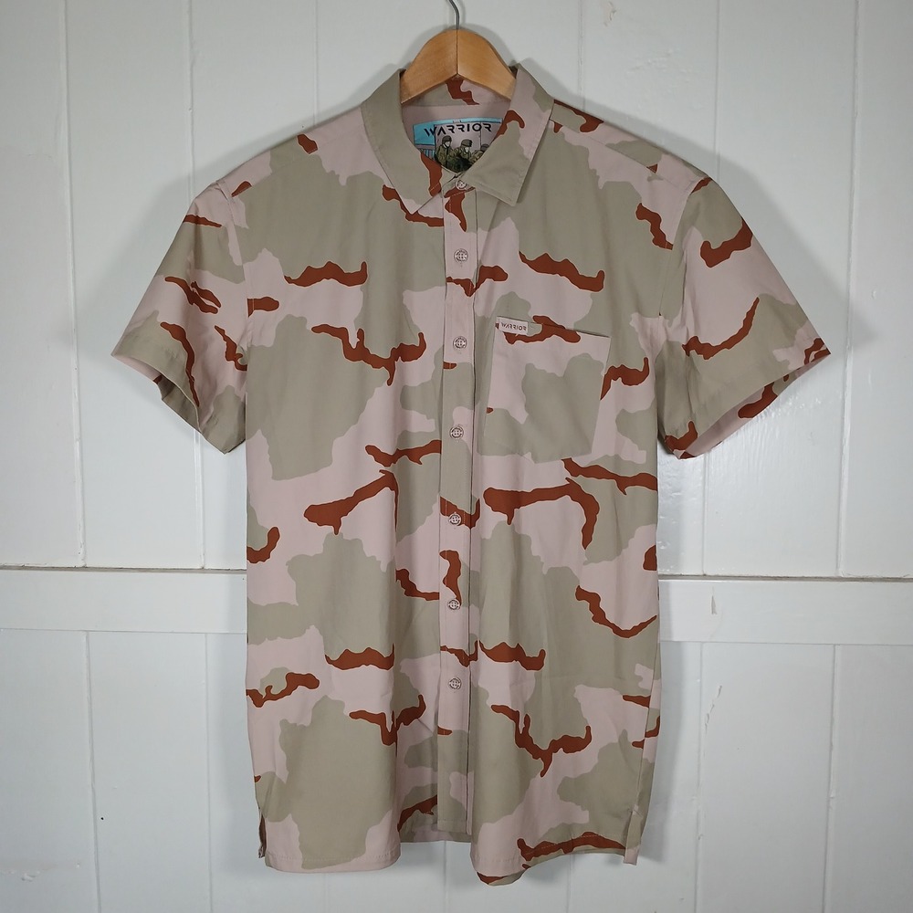 Warrior Camo Stretch Button Up Mens L Tan Desert Camouflage Short Sleeve Shirt